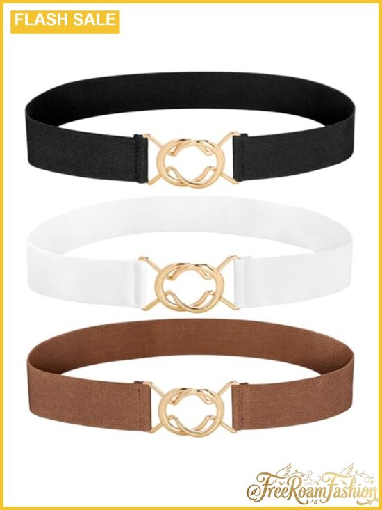 Accessories - Women's Elastic Stretch Belts with Gold Buckle Adjustable Waist Set of 3